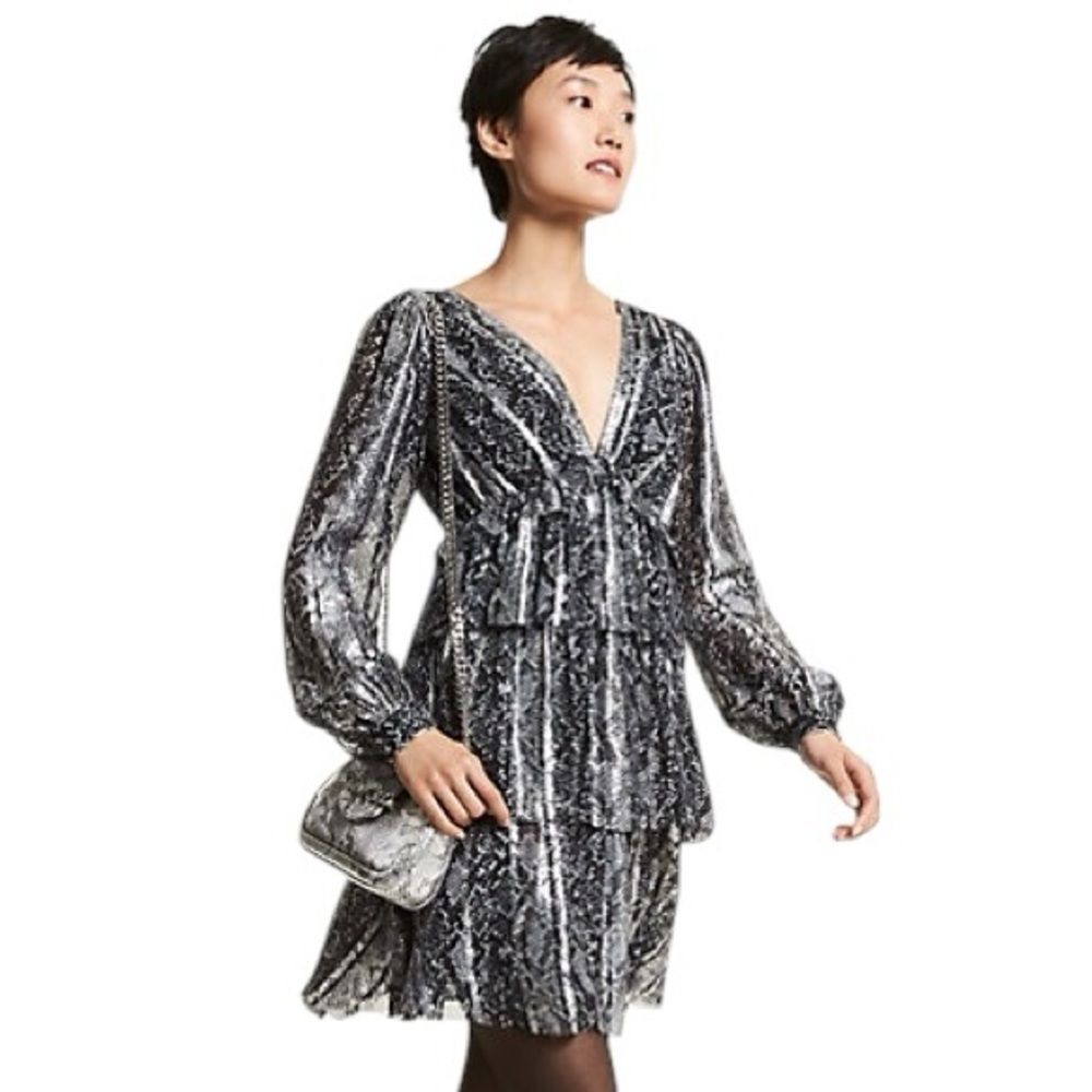 Michael Michael Kors Metallic Snakeskin Tiered Dress Size M | NWT $295